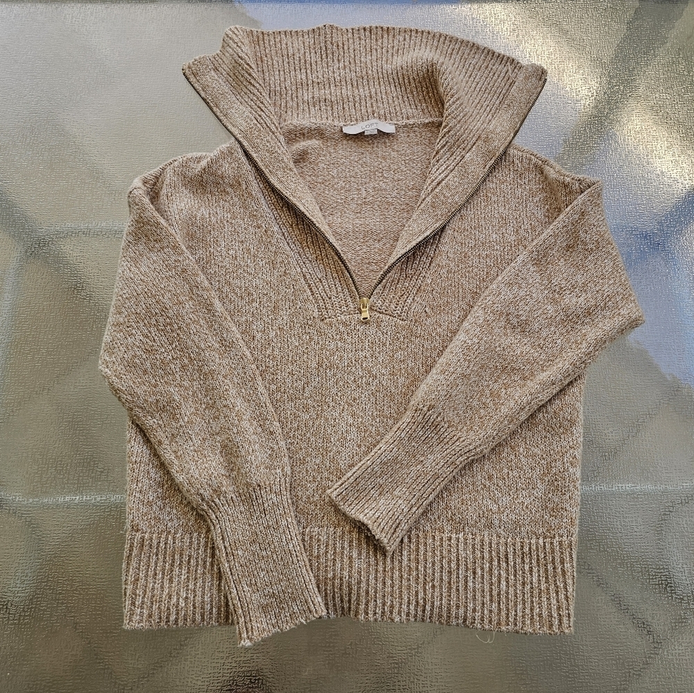 LOFT Neutral Half Zip Sweater Small Cozy Knit Minimalist Beige Ribbed Collar - Picture 5 of 12
